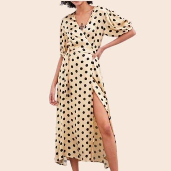 Zara Dresses & Skirts - Zara Blogger Fave Cream & Black Polka Dot Wrap Midi Dress Size Small